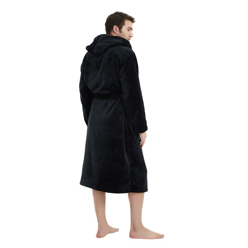 U2SKIIN Mens Fleece Hooded Robe Plush Bathrobe (Black, S/M) - Image 3
